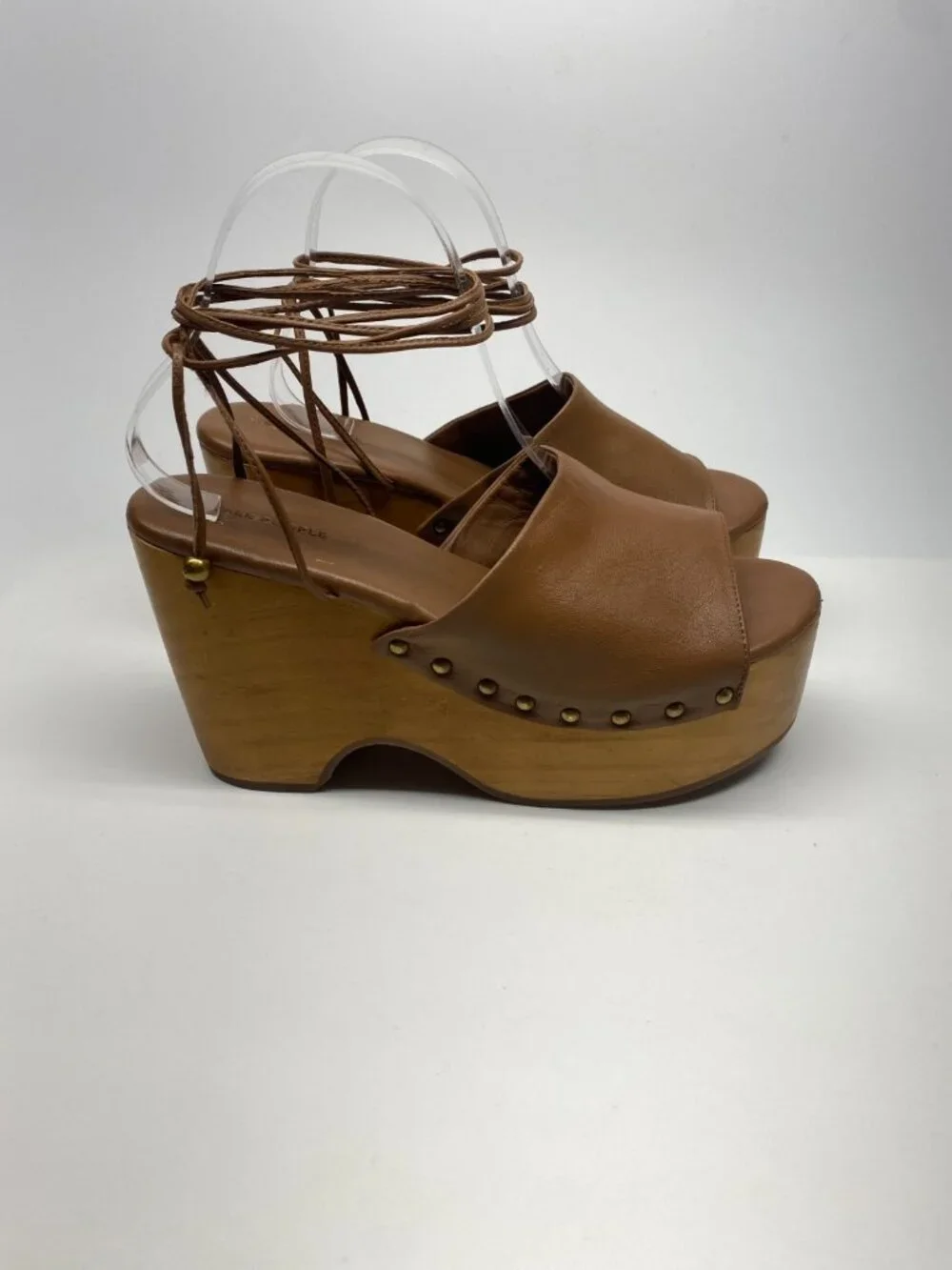 Free People Womens Front Row Wrap Clogs Luggage Leather Brown Platform Wedge 9.5